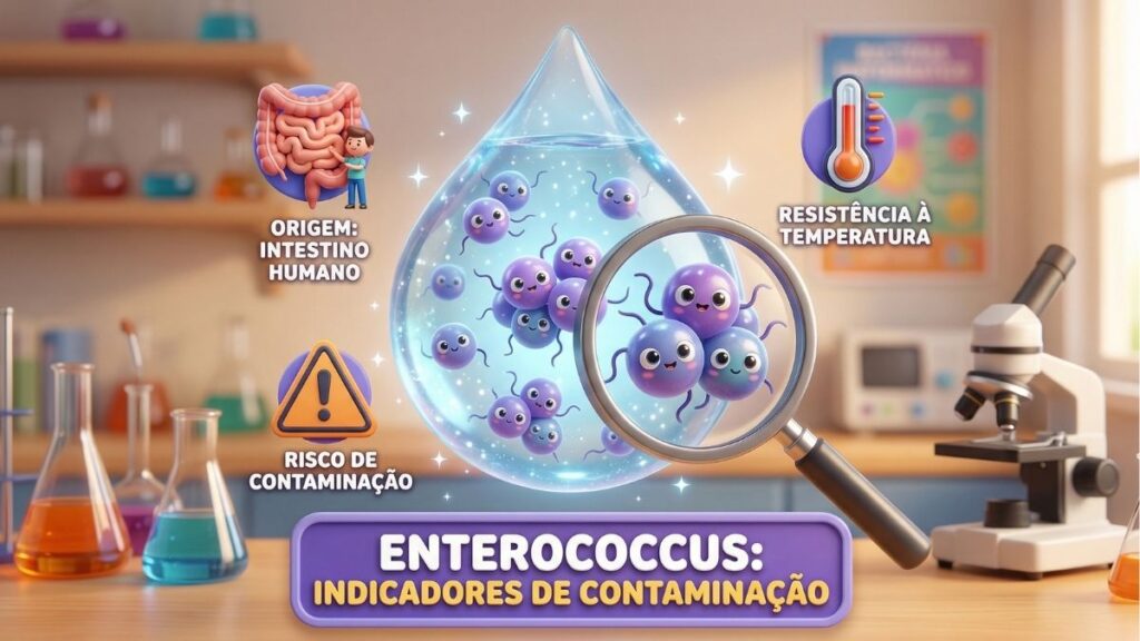 Ilustração 3D educativa mostrando bactérias Enterococos como indicadores de contaminação da água