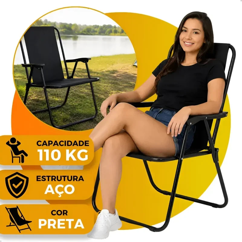 Cadeira de Praia Camping Dobrável Alta 110kg Aço