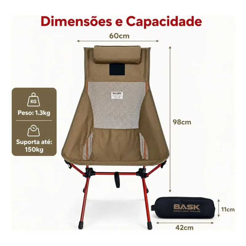 Cadeira Dobravel 150 Kg Aluminio Encosto Alto Bask