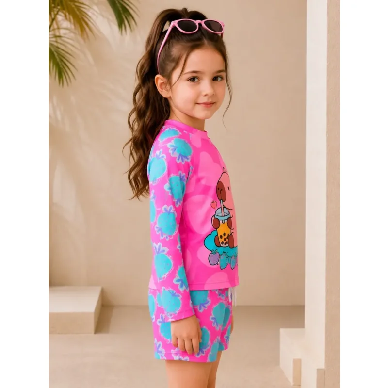 Conjunto Praia Infantil Menina Protecao Uv Manga Longa E Short